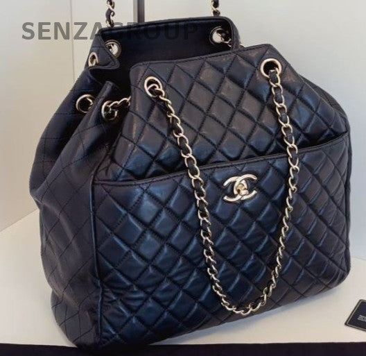 Chanel Diamond Chain Bucket Shoulder Bag Crossbody Black Gold Women Classic