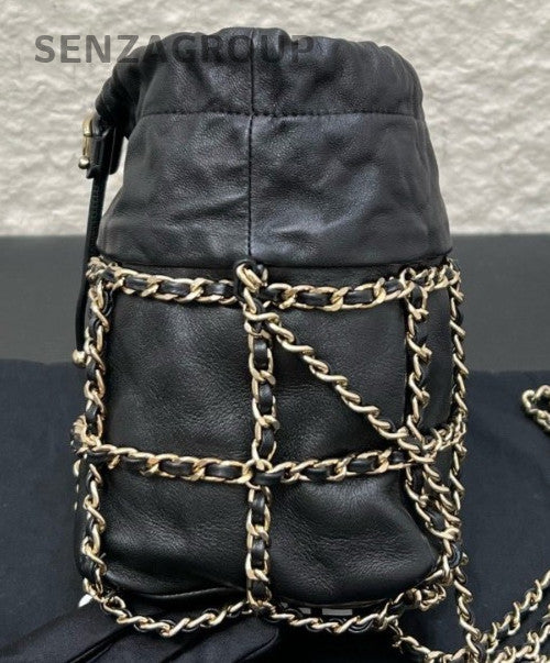 Chanel 21C Lambskin Chain Shoulder Bag Crossbody Black Gold Women Classic
