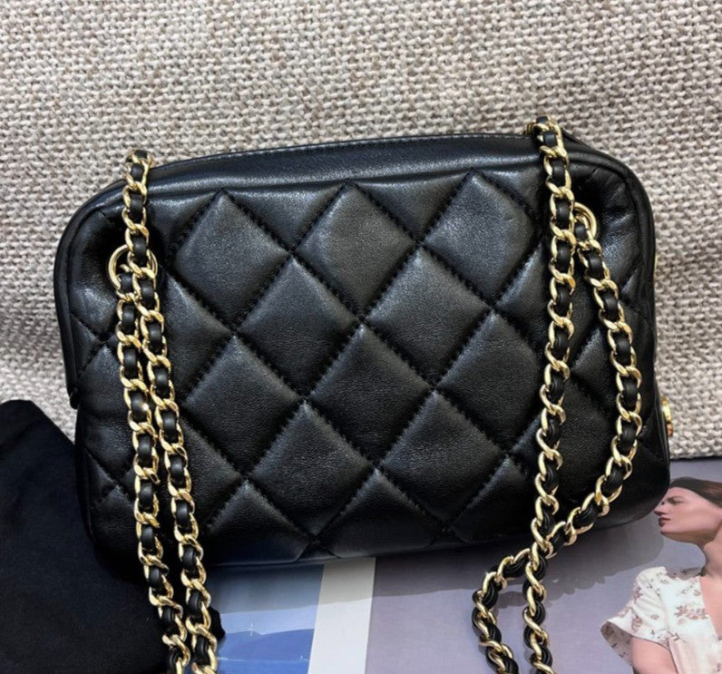 Chanel Diamond PM Camera Case Chain Shoulder Bag Black Gold Women Classic
