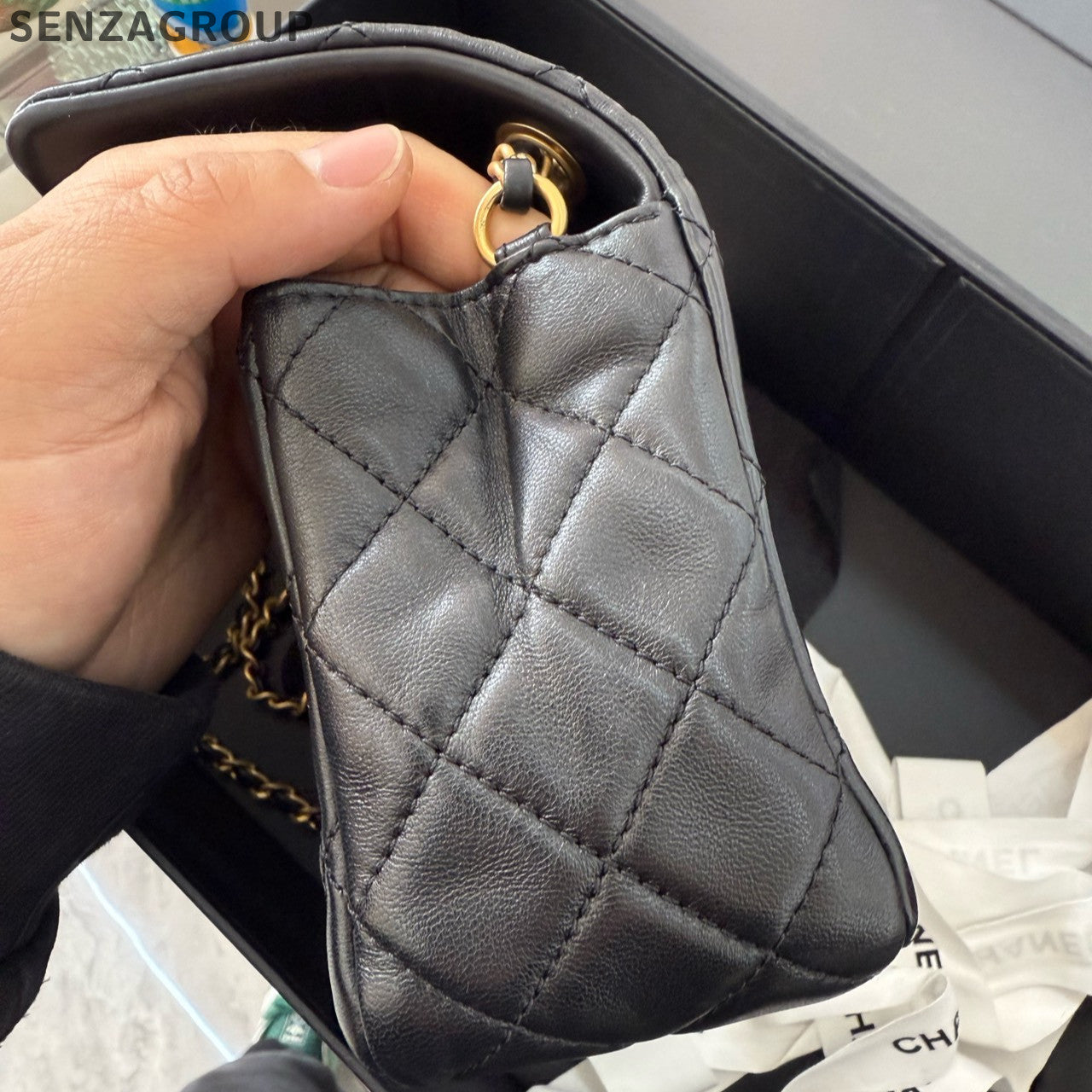 Chanel Classic Flap Quilted Chain Shoulder Bag Black Gold