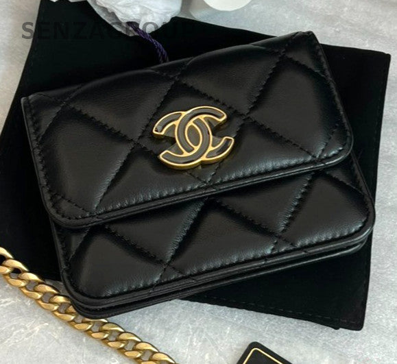 CHANEL 22P Enamel clasp Pocket mini Diamond pattern Chain Strap Black Gold