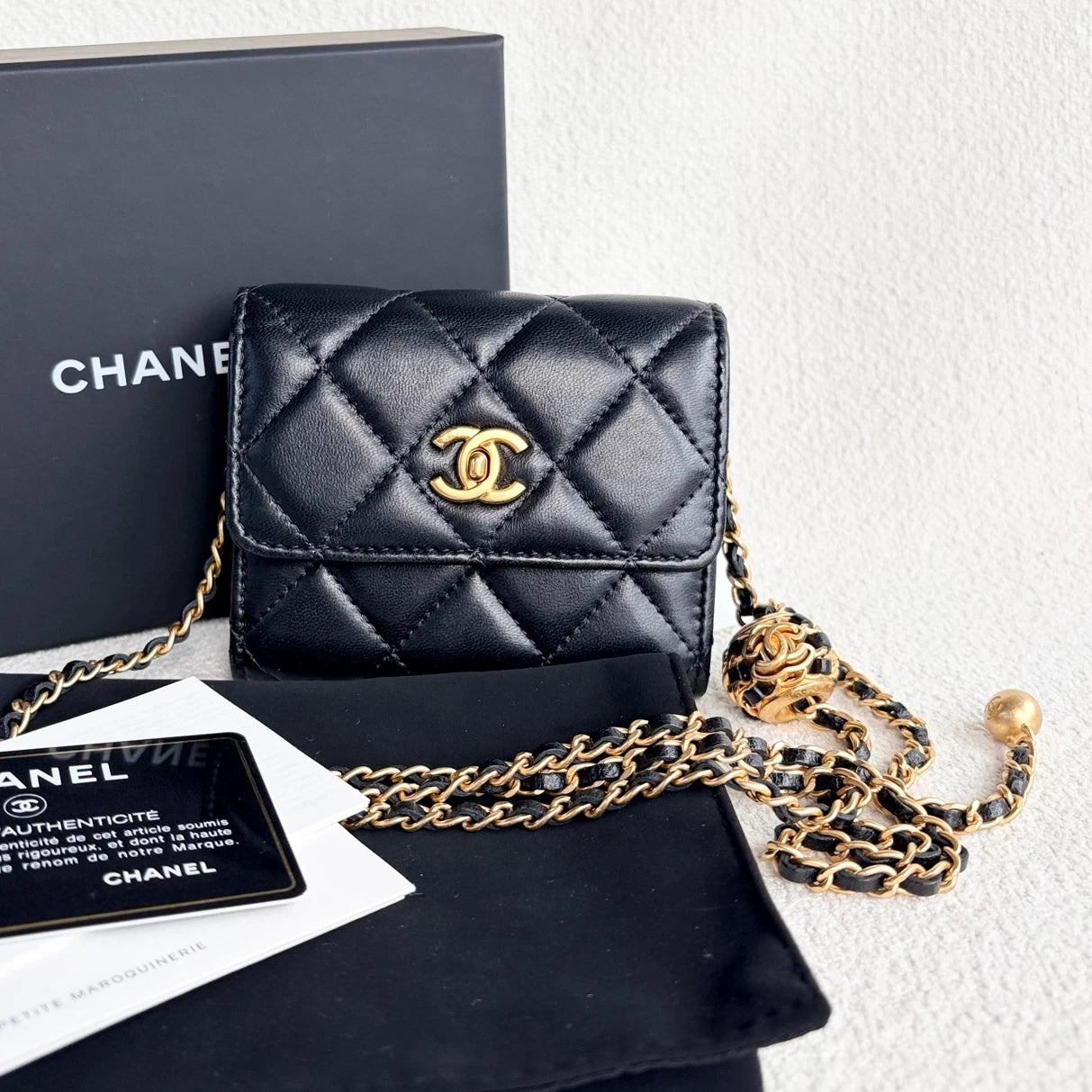 Chanel WOC Mini Chain Lambskin Crossbody Black Gold Women Classic