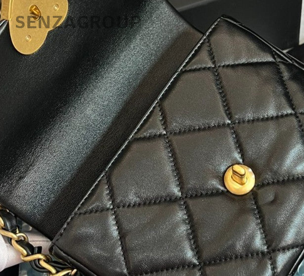 Chanel 23S Lambskin Chain Shoulder Bag Crossbody Black Gold Women Classic