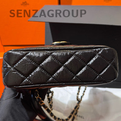 Chanel 23B Black Gold Small Shoulder Crossbody Bag Quilted Classic