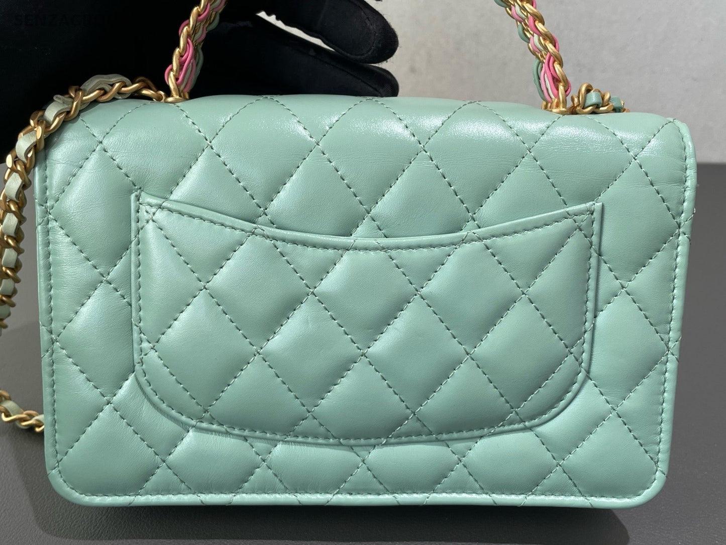 Chanel WOC Diamond Rainbow Chain Top Handle Bag Crossbody Green Gold Women