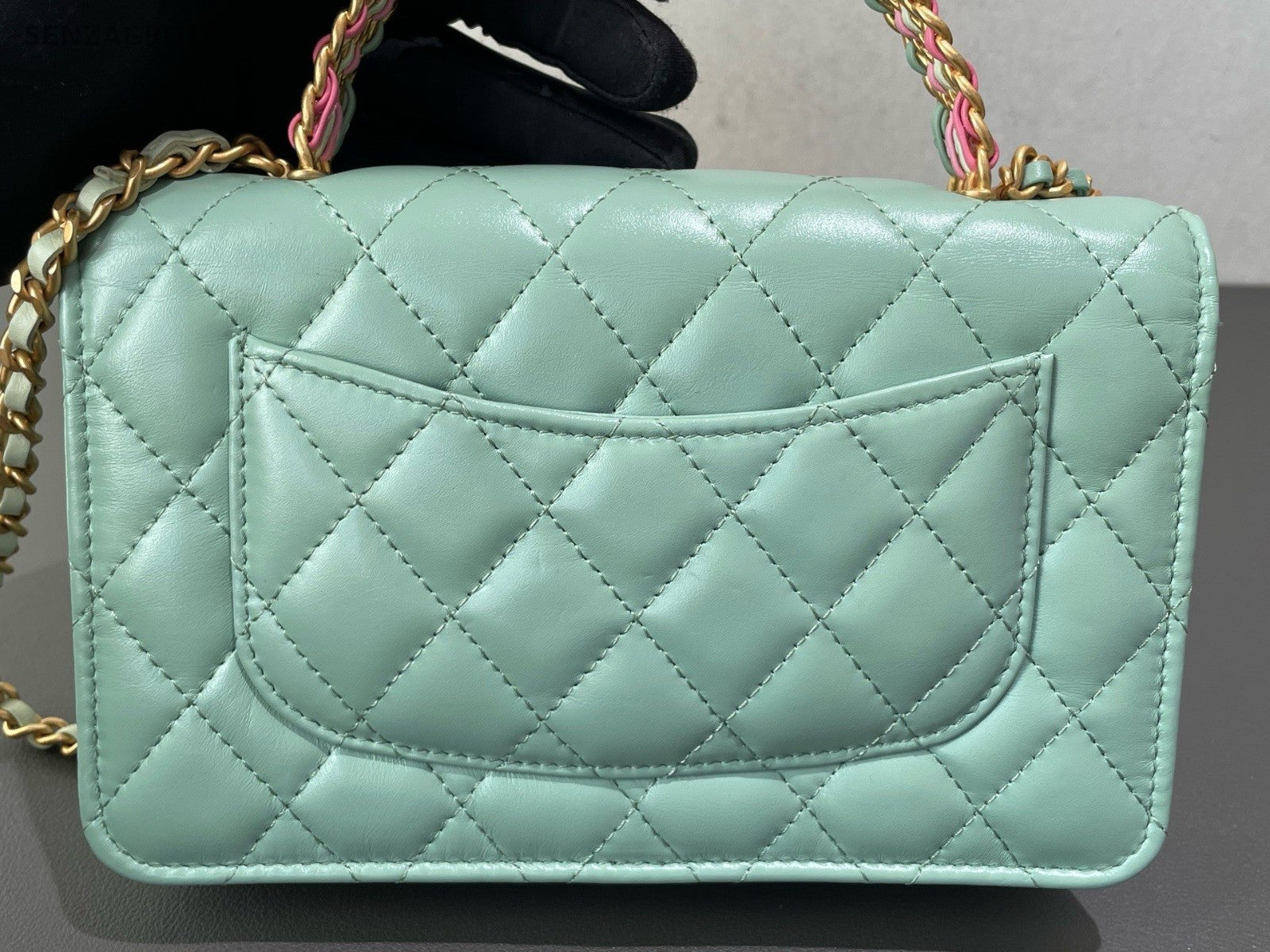 Chanel WOC Diamond Rainbow Chain Top Handle Bag Crossbody Green Gold Women