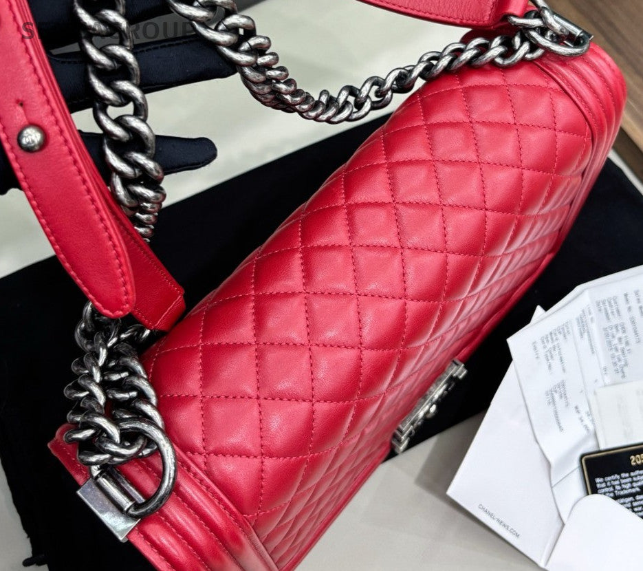 Chanel Leboy GM Chain Shoulder Bag Crossbody Red Silver Women Classic Fashion