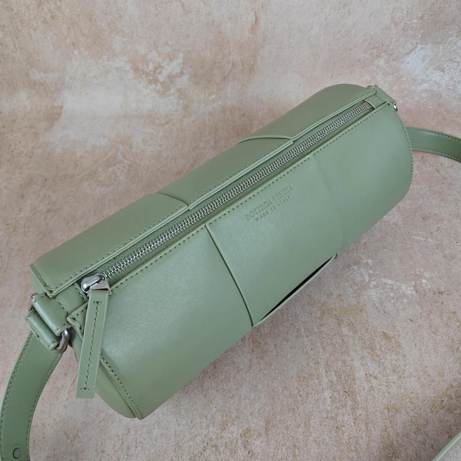 Bottega Veneta Light Green Woven Leather Cylinder Crossbody Bag Women