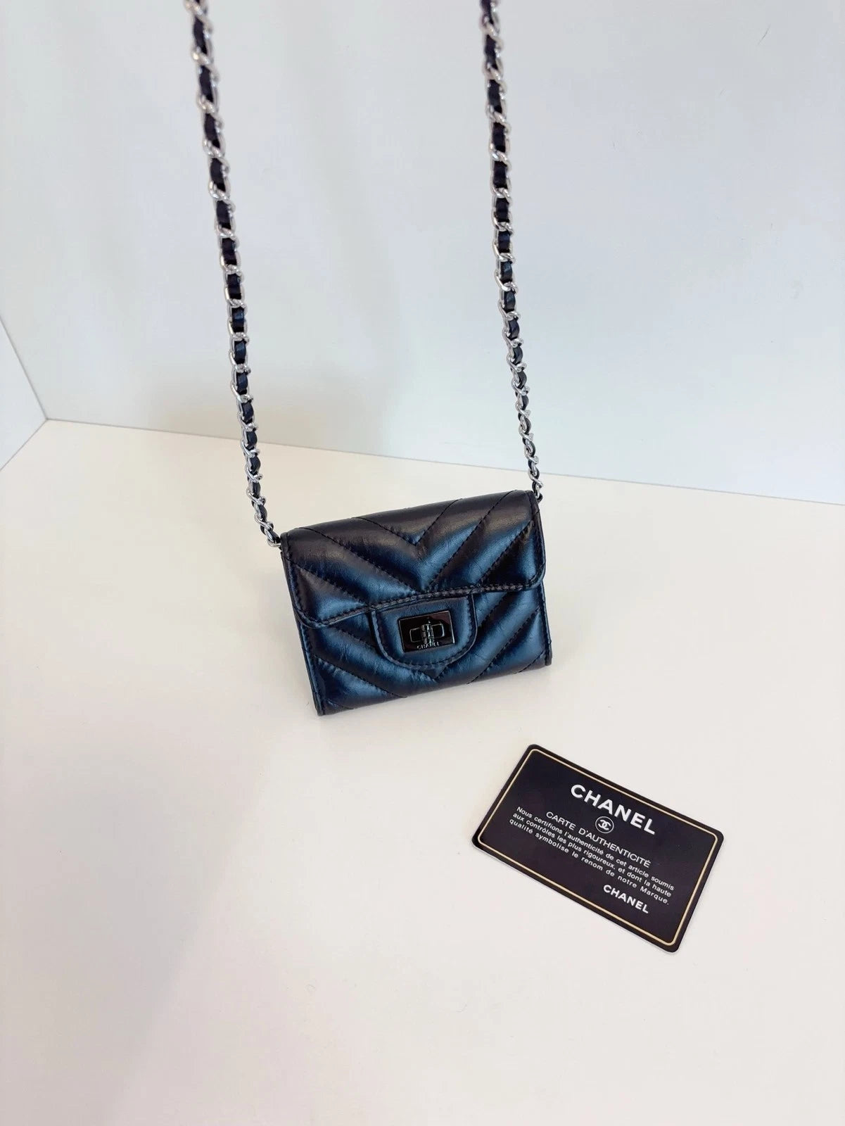 Chanel 2.55 So Black V-Stitch Calfskin Card Holder Wallet