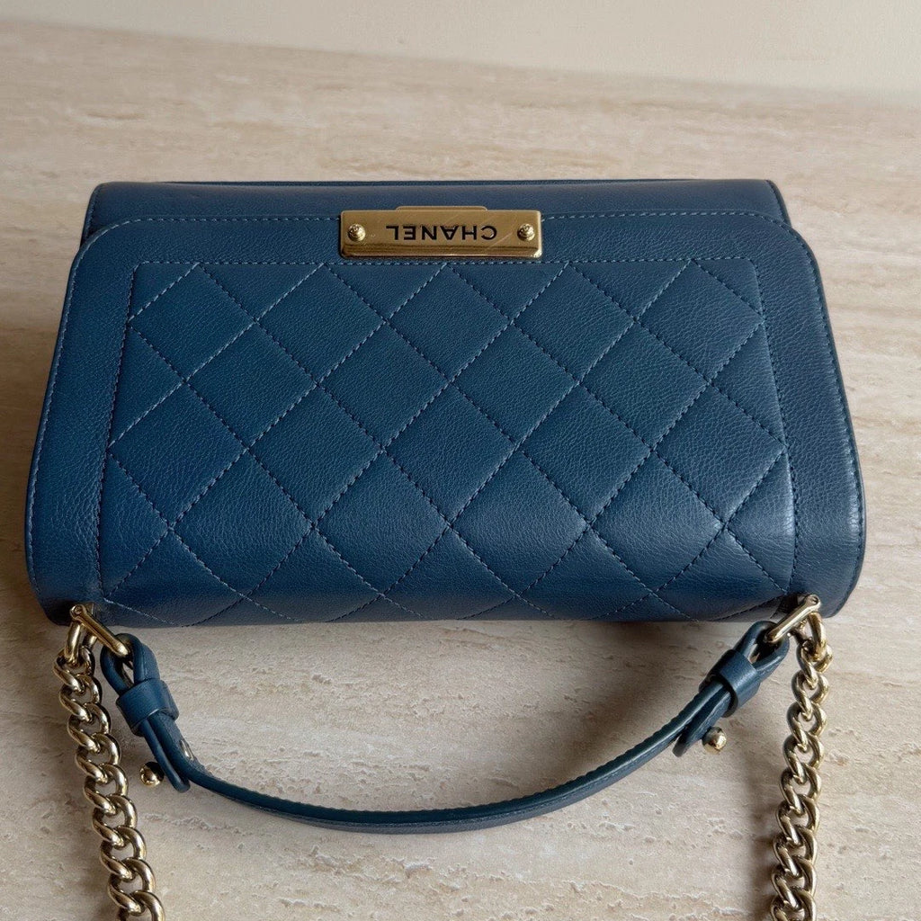 Chanel Diamond Calfskin Leather 2Way Handbag Crossbody Navy Gold Hardware