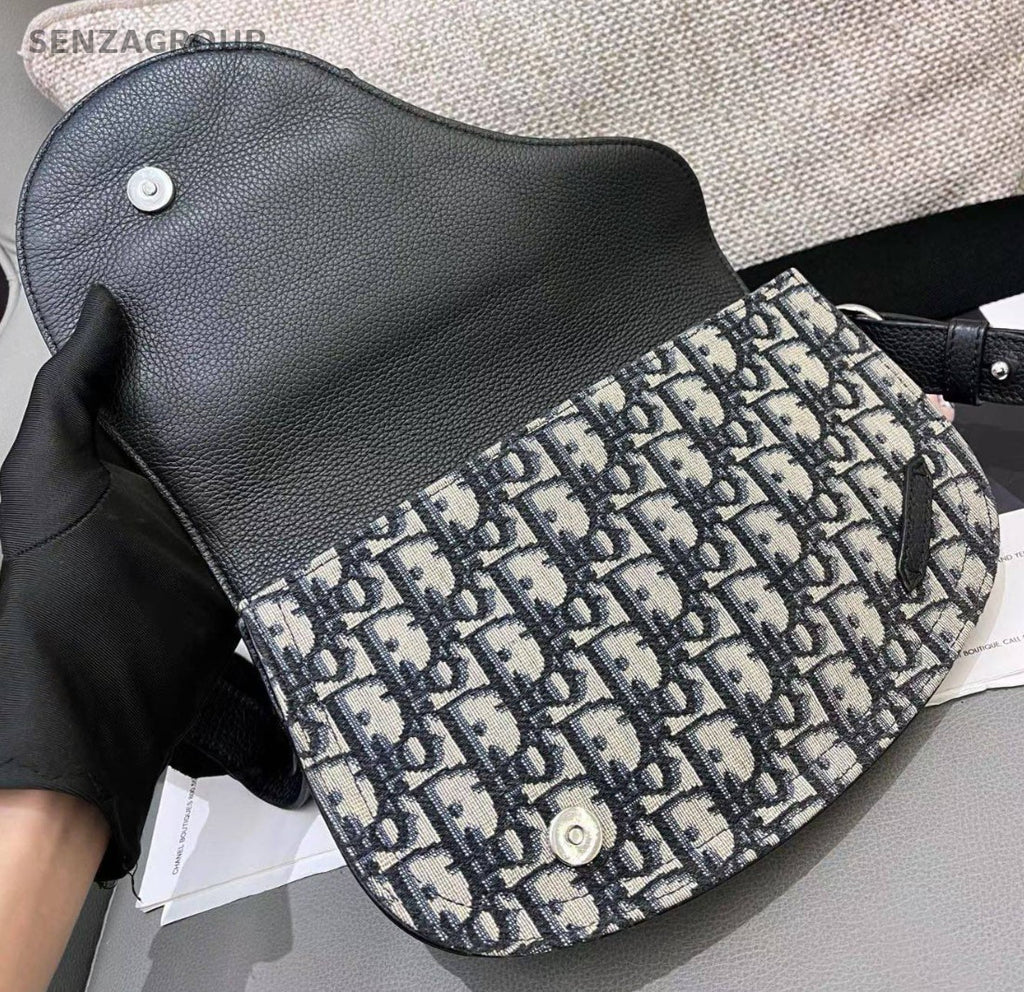 Christian Dior Oblique Saddle Shoulder Bag Crossbody Black Silver Unisex Adults
