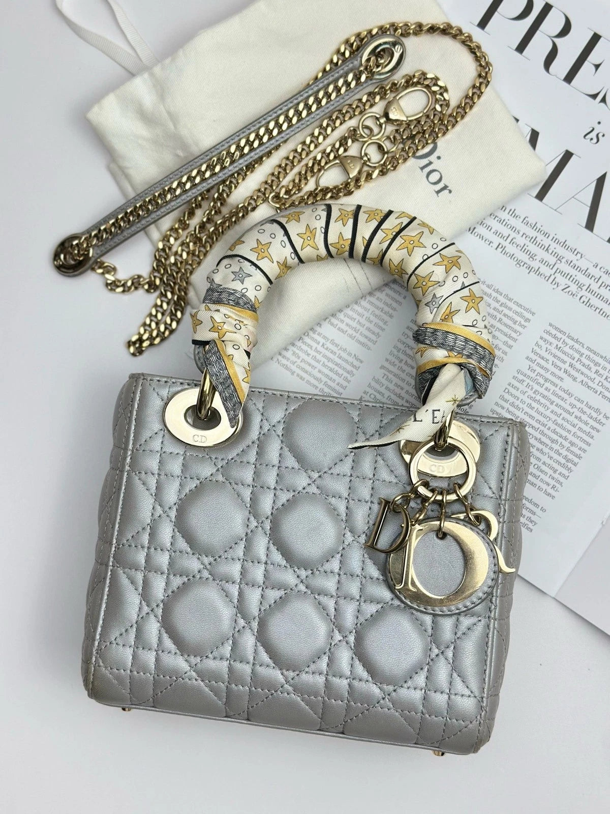 Christian Dior Lady Dior Cannage Gray Handbag Gold Chain Crossbody with Dust Bag