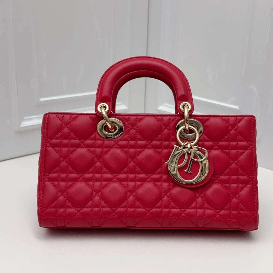 Christian Dior Lady Dior Cannage Top Handle Crossbody Red Gold Women Classic