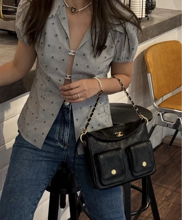 CHANEL 24P Black Calfskin Hobo Mini Messenger Bag For Women