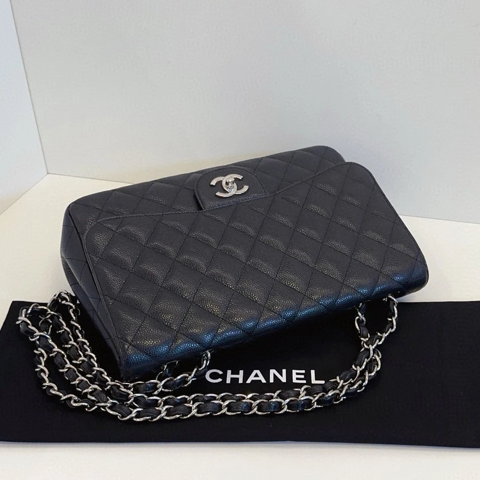 Chanel Classic Flap Jumbo Chain Shoulder Bag Crossbody Black Silver Women