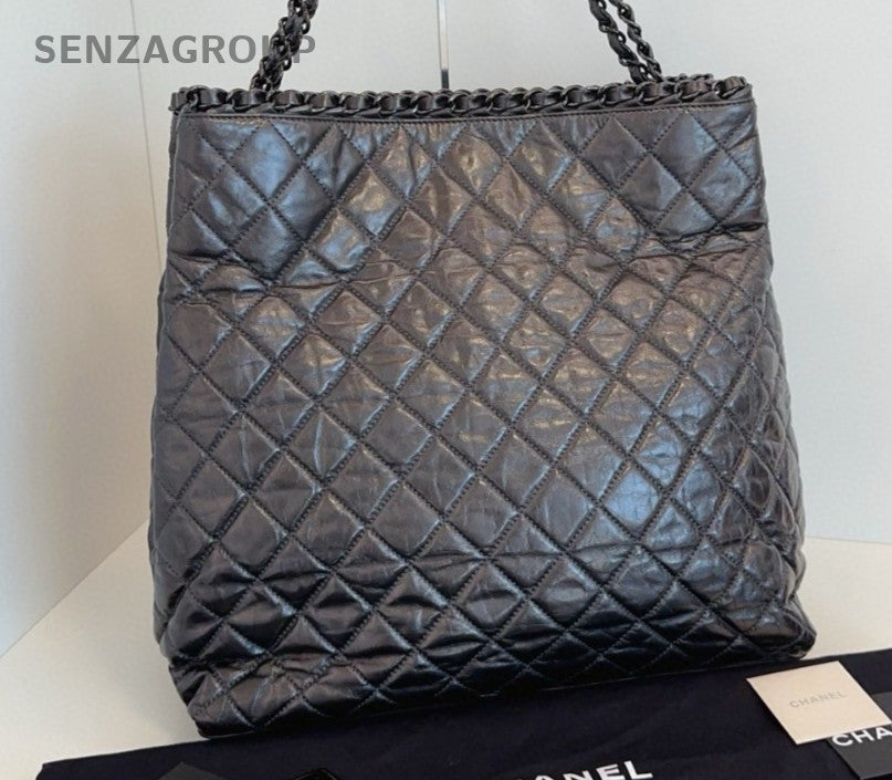 Chanel Diamond Chain Tote Handbag Shoulder Bag Black Used Women Classic