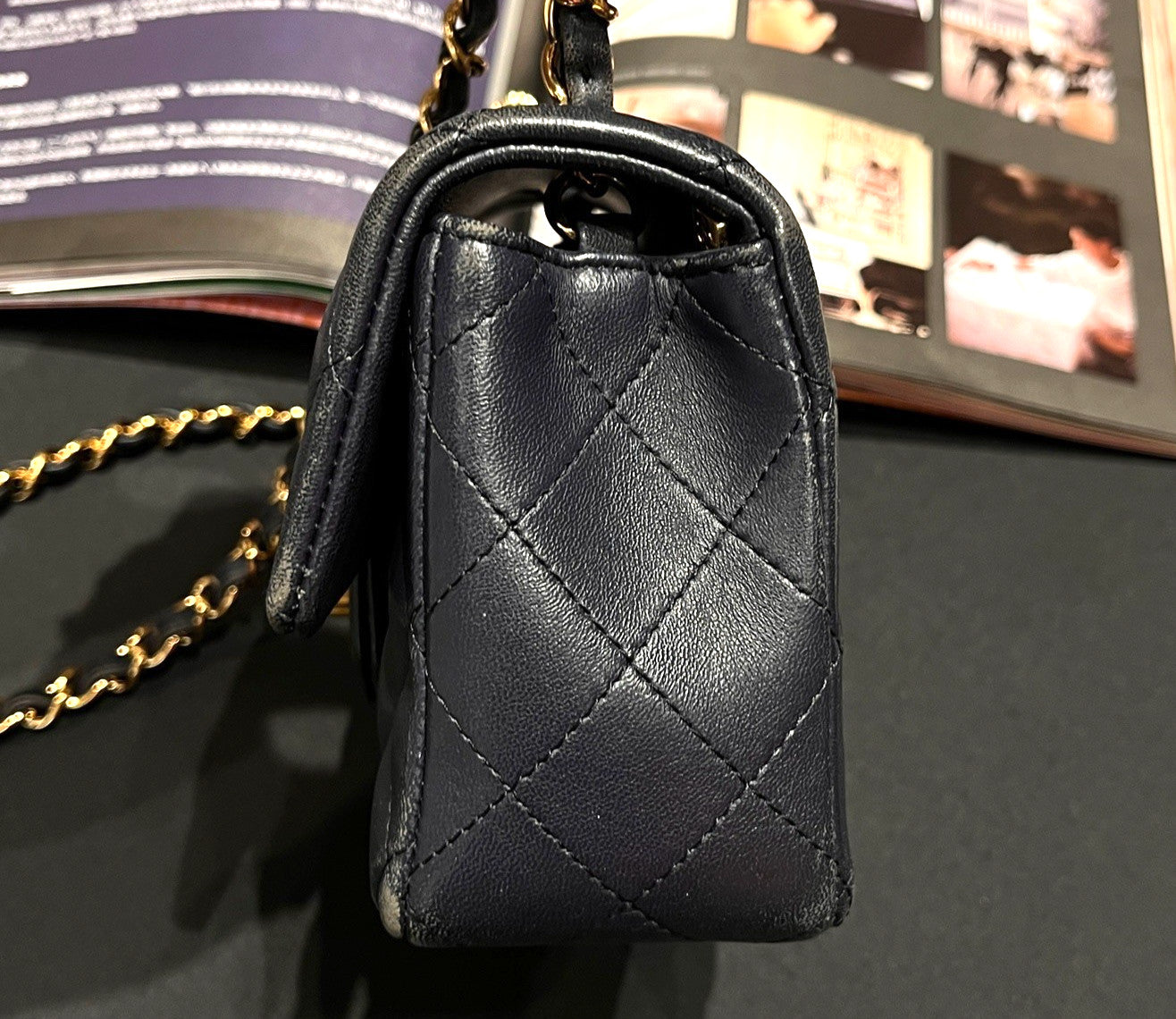 Chanel Classic Flap Mini Lambskin Chain Shoulder Bag Navy Gold Women Diamond