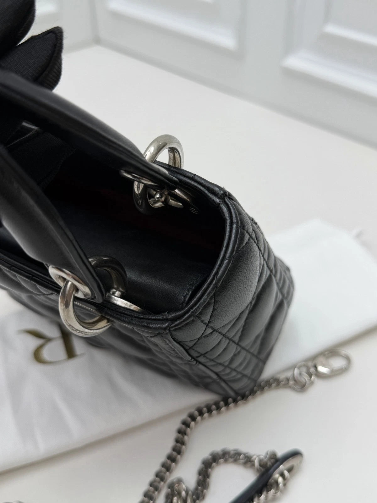 Christian Dior Lady Dior Lambskin Black Handbag Chain Crossbody Silver Hardware