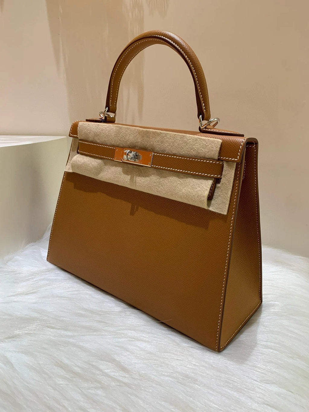 Hermes Kelly28 Gold Brown Epsom Silver Hardware Handbag For Women