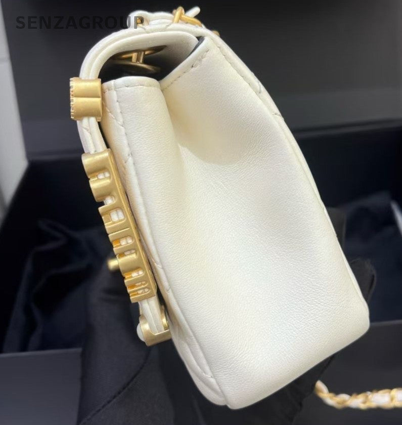 Chanel Chain 2Way Shoulder Bag Crossbody White Gold Diamond Women Classic