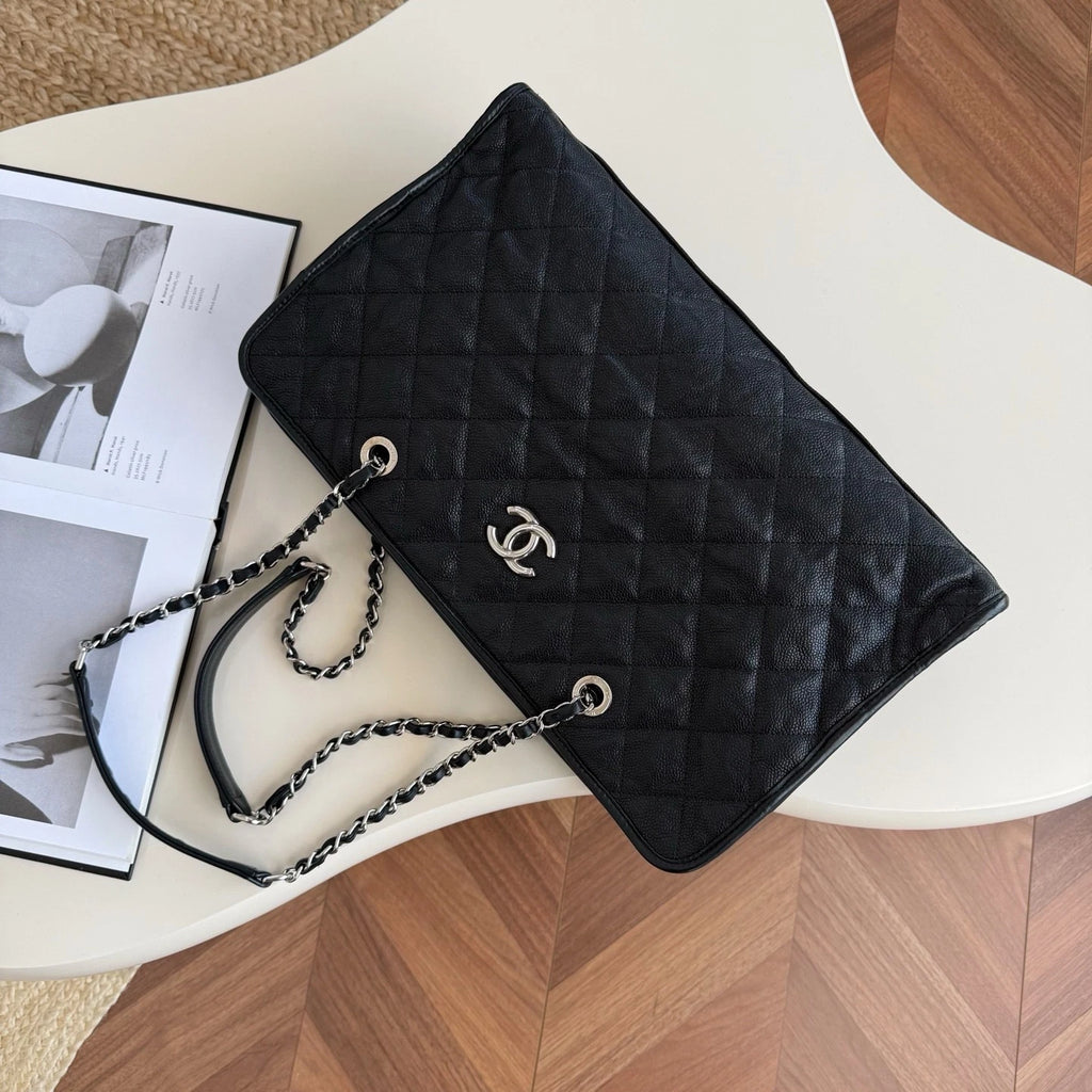 Chanel Calfskin Tote Chain Shoulder Bag Black Silver Diamond Women Classic