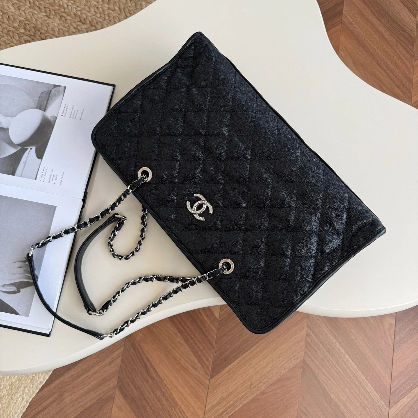 Chanel Calfskin Tote Chain Shoulder Bag Black Silver Diamond Women Classic