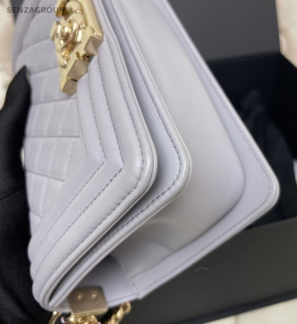 Chanel Leboy PM Chain Calfskin Shoulder Bag Crossbody Gray Gold Women Classic