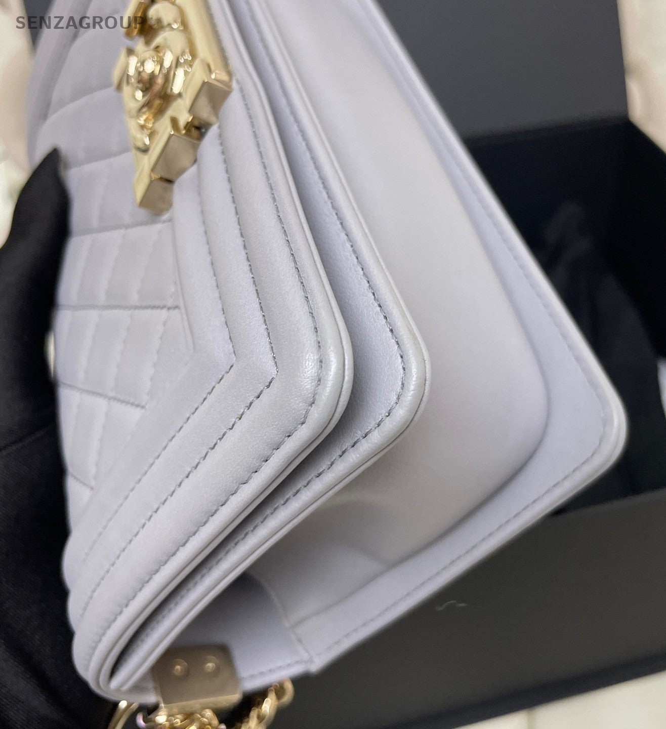 Chanel Leboy PM Chain Calfskin Shoulder Bag Crossbody Gray Gold Women Classic
