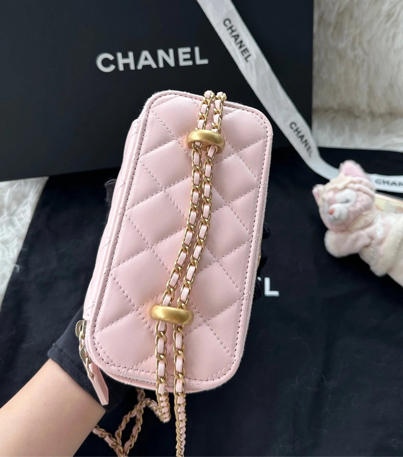 Chanel Sakura Pink Double Gold Ball Adjustable Chain Box Handbag Women