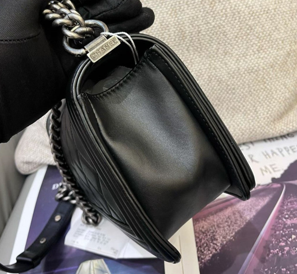 Chanel Leboy MM Chain Calfskin Black Silver Shoulder Bag Crossbody Women Classic