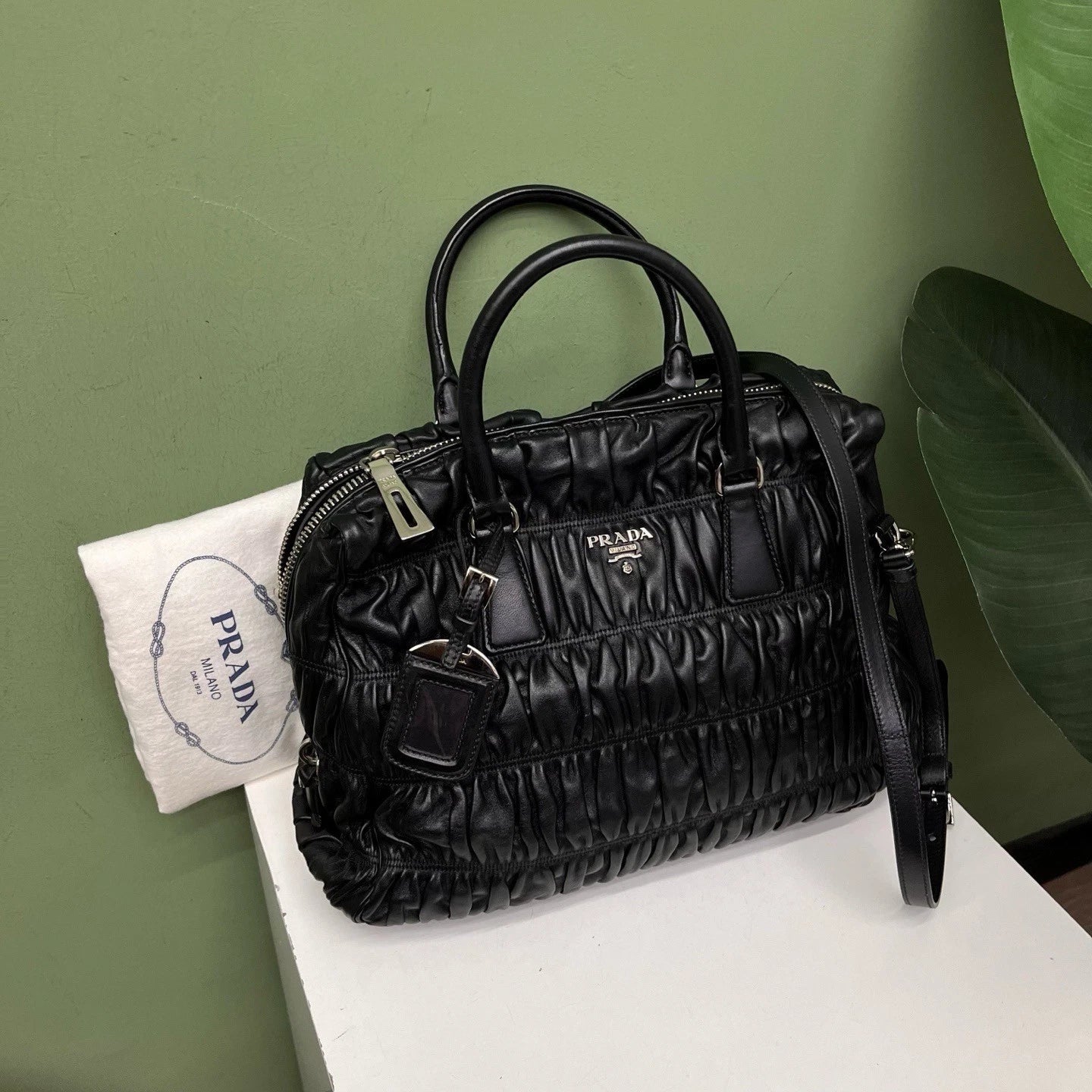Prada Tote Bag 2ways Black Silver Hardware Crossbody Bag Excellent