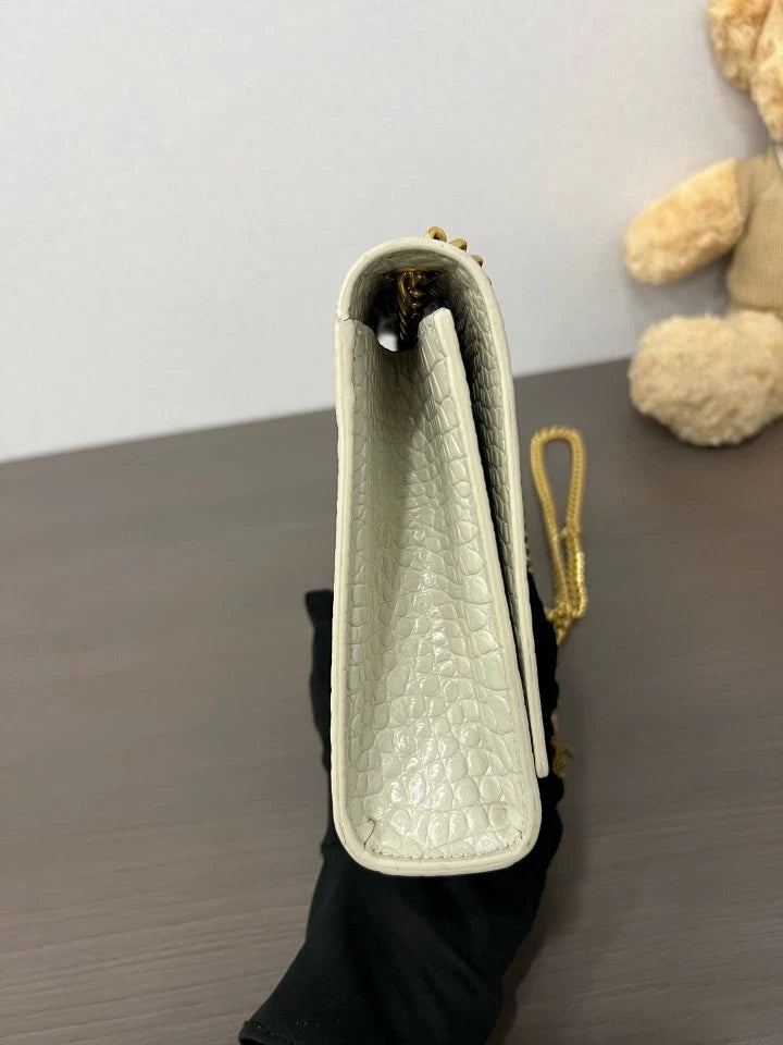YSL White Crocodile Embossed Leather Tassel Kate Shoulder Bag For Women
