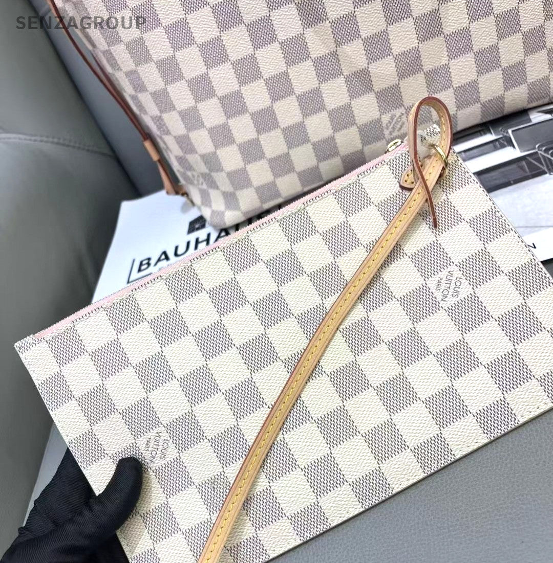 Louis Vuitton NF Neverfull MM White Damier Ebene Pouch Shoulder Bag Women