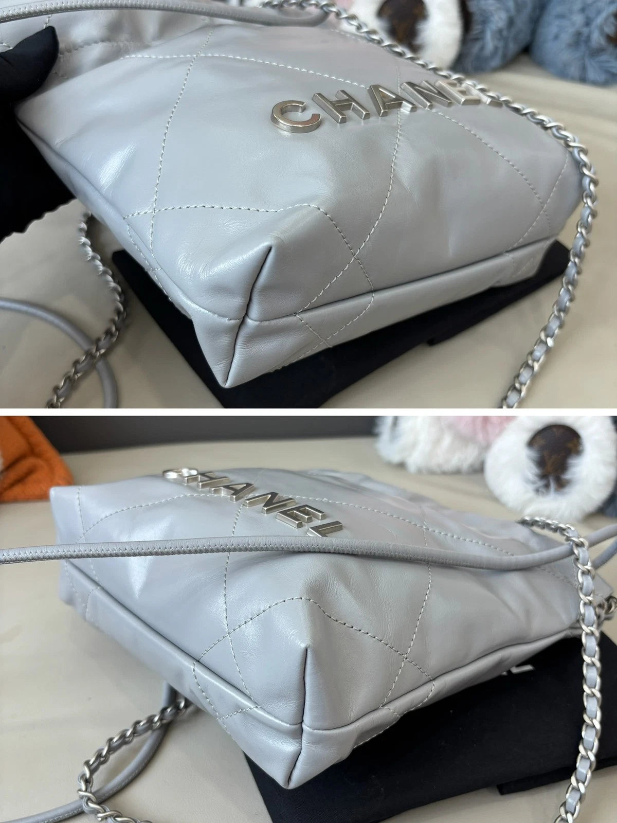 Chanel 22Bag Mini Calfskin Chain Shoulder Crossbody Gray Silver Women Classic