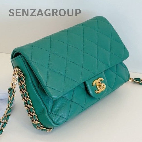 Chanel Classic Flap Mini Chain Shoulder Bag Crossbody Green Gold Women