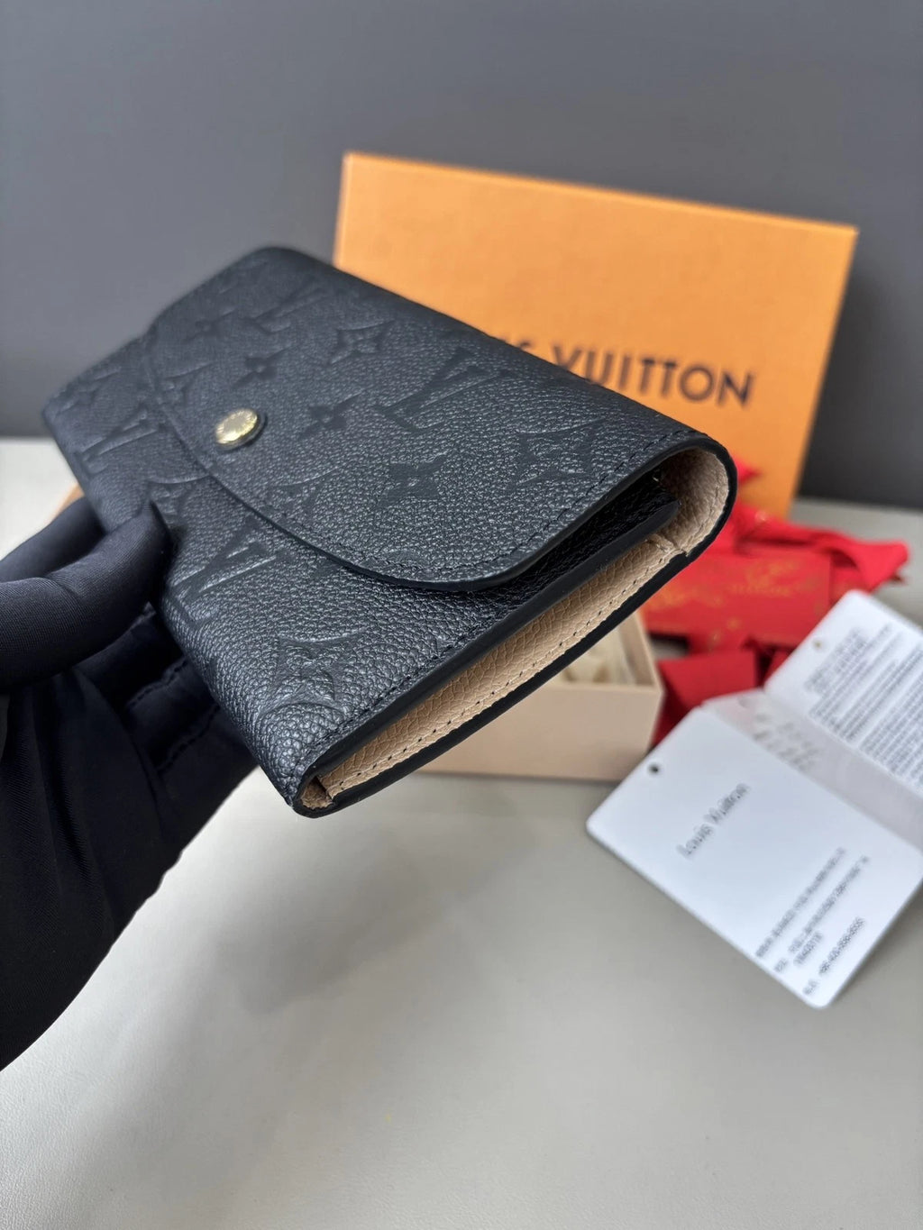 Excellent Louis Vuitton Emilie Wallet Calfskin Long Wallet Black Gold Hardware