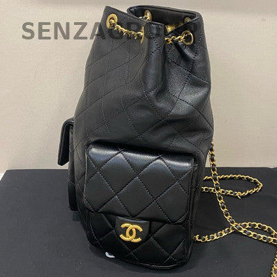 Chanel 25C Black Gold Drawstring Bucket Backpack Quilted Lambskin Classic