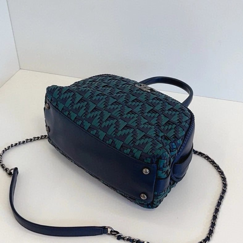 Chanel Bolide PM Calfskin Top Handle Crossbody Green Navy Silver Women Classic