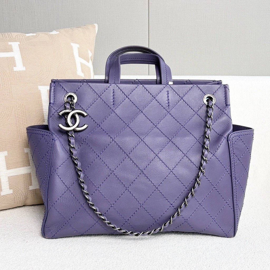 Chanel Diamond Calfskin Tote Chain Top Handle Shoulder Bag Purple Silver Women