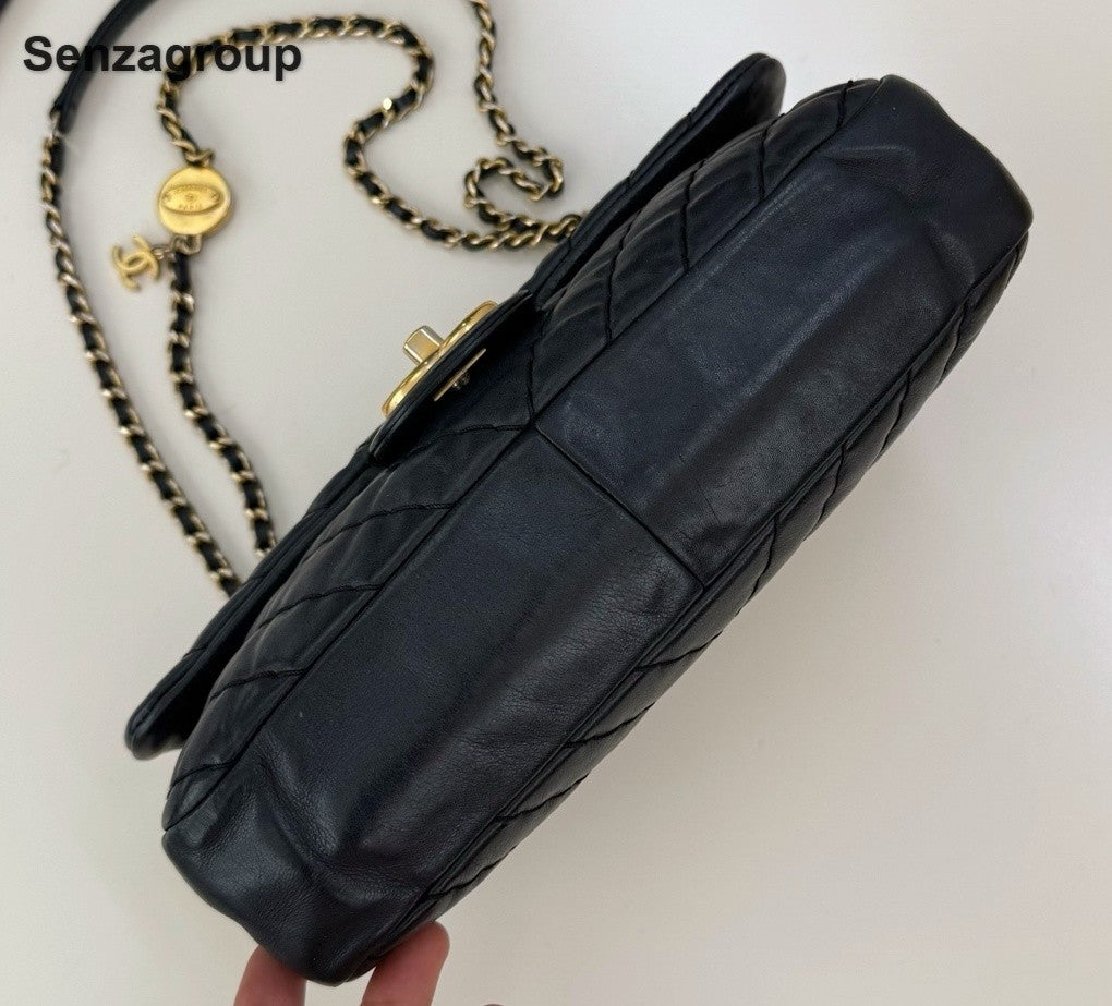 Chanel Classic Flap PM Calfskin Chain Shoulder Bag Crossbody Black Gold Women
