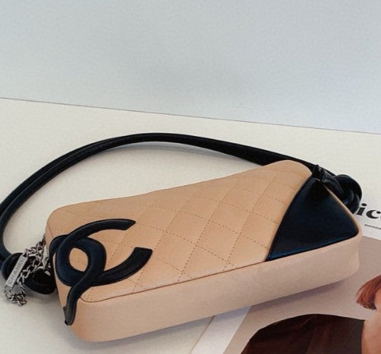 Chanel Cambon Line CC Logo Shoulder Bag Brown Silver Women Classic Diamond