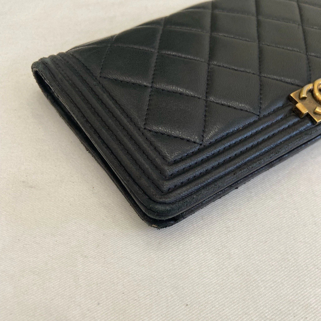 Chanel Leboy Diamond Long Wallet Black Gold Used Women Classic