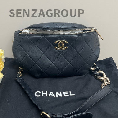 Chanel Vintage Quilted Chain Waist Bag Black Gold Classic Women's