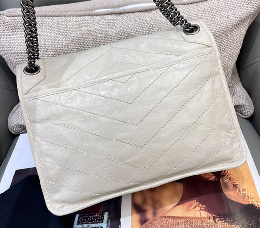 Saint Laurent Niki MM Chain Shoulder Bag White Silver Used Women Classic