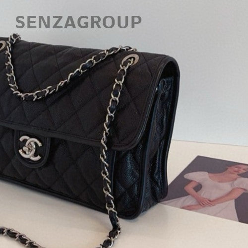 Chanel Classic Flap Calfskin Chain Shoulder Bag Black Silver Women Designer