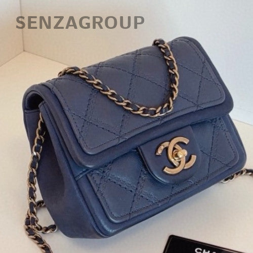 Chanel Classic Flap Chain Shoulder Bag Crossbody Blue Gold Used Women Fashion
