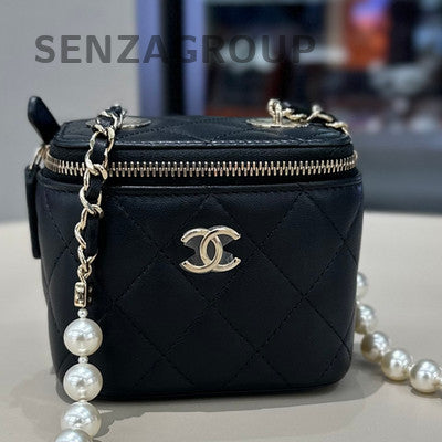 Chanel 22P Pearl Chain Shoulder Crossbody Bag Black Gold Quilted