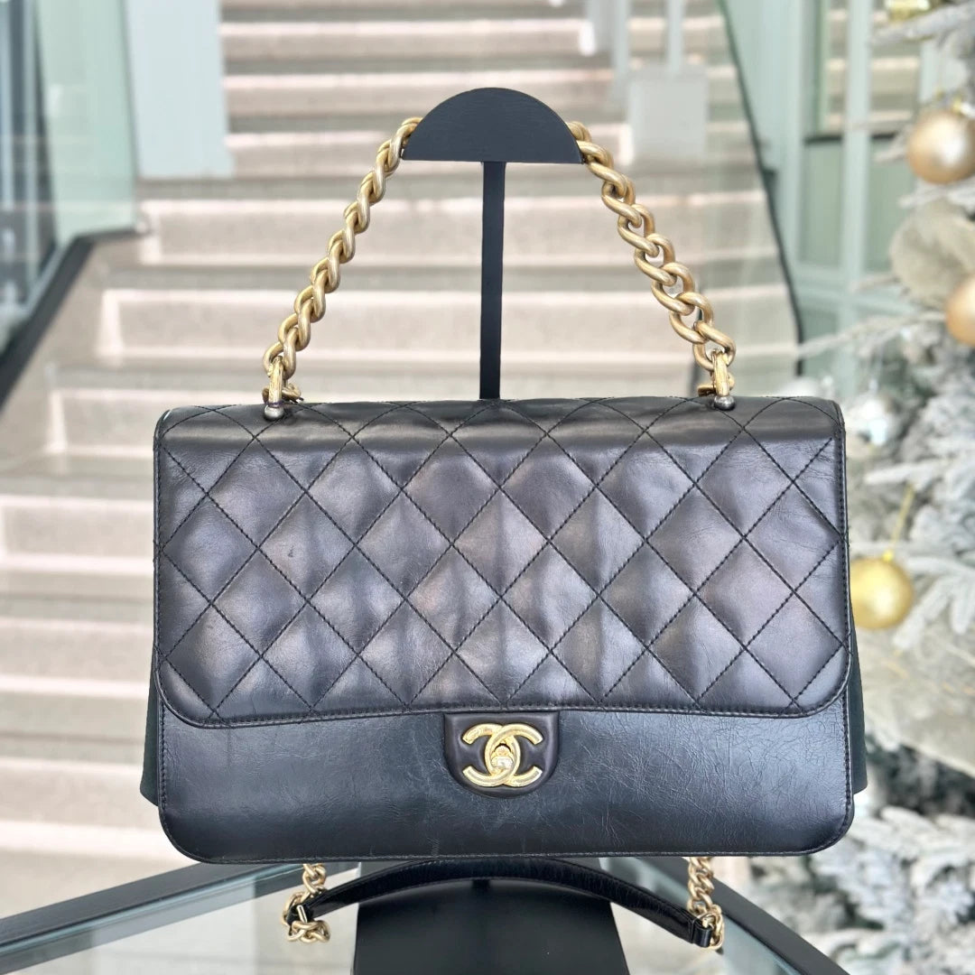 Chanel Calfskin GM Chain Top Handle Shoulder Bag Crossbody Black Gold Women S