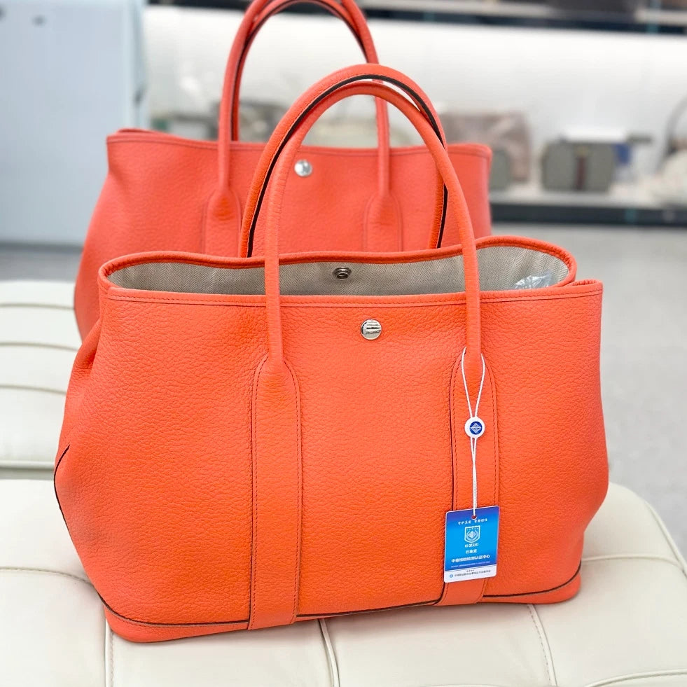 Hermes Garden Party 36 Tote Calfskin Top Handle Bag Orange Women S