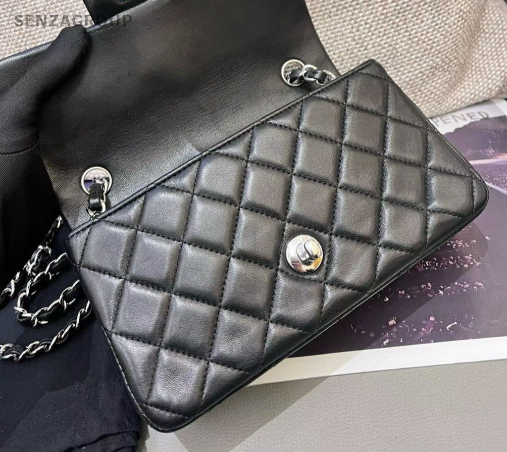 Chanel Classic Flap Mini Lambskin Chain Crossbody Shoulder Black Silver Women